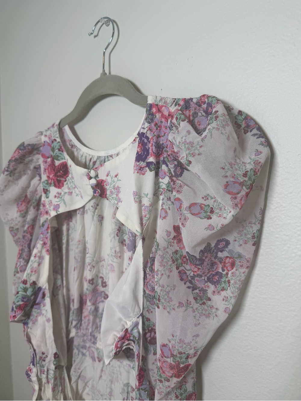 For Love & Lemons White Midi w/ Pink & Purple Floral Print Ruching & Open Back S - Picture 13 of 14